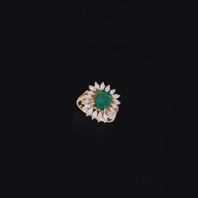 Adjustable Women's Diamond Rings with a Flexible Band for a Comfortable and Custom Fit18K YG Cluster Diamond with Emerald Ring-1pc Adjustable Women's Diamond Rings with a Flexible Band for a Comfortable and Custom Fit18K YG Cluster Diamond with Emerald Ring-1pc