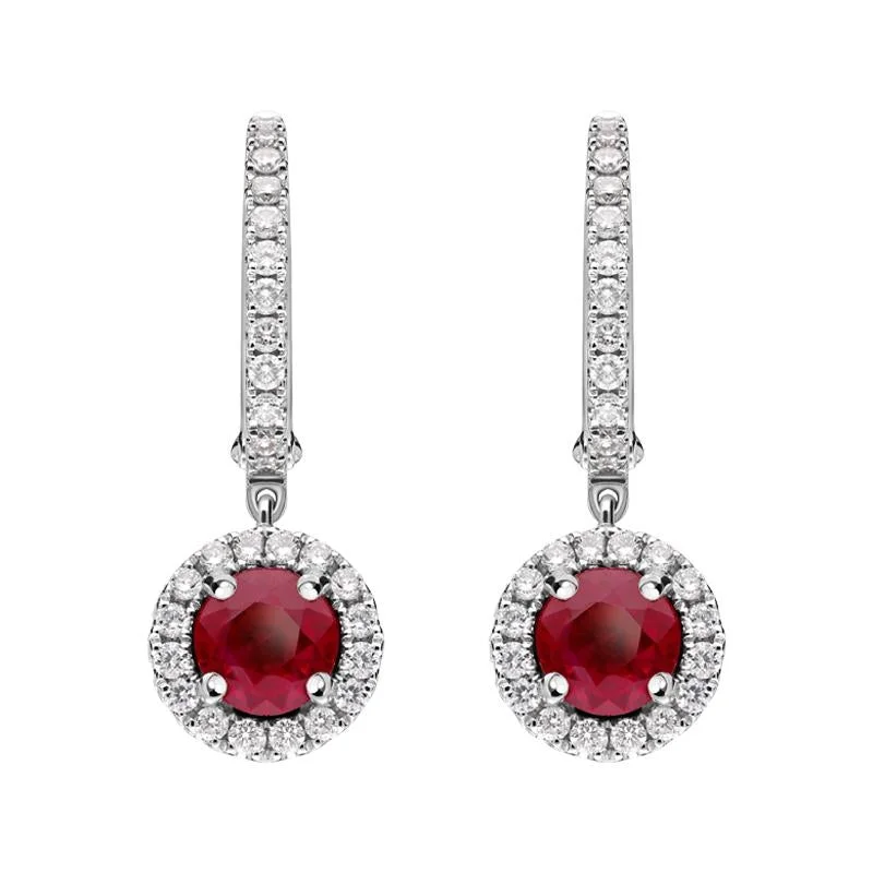 18ct White Gold 0.39ct Ruby Diamond Round Drop Earrings