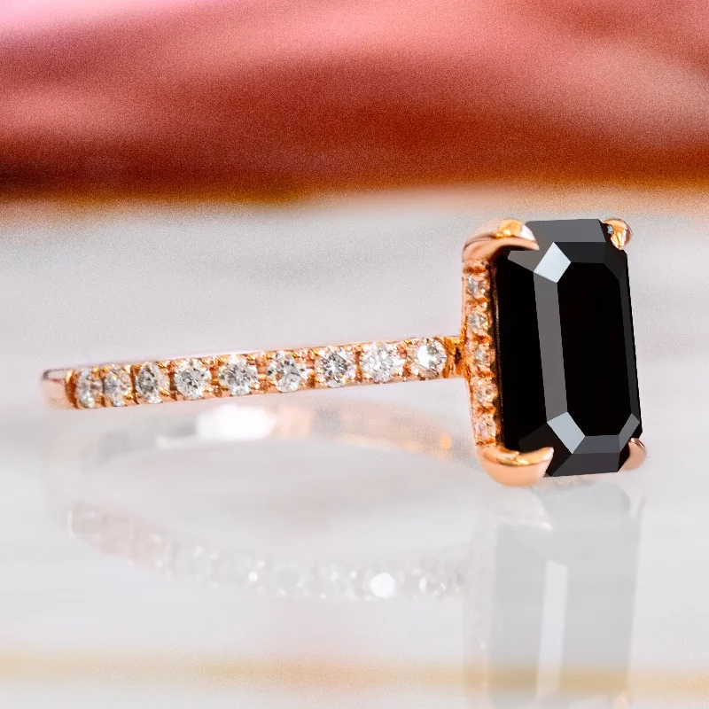 Women's Diamond Rings with Side - Stone Pave Setting for a Sparkling and Continuous ShineKitana- 2.2 Carats Natural Black Diamond Emerald Cut Engagement Ring Women's Diamond Rings with Side - Stone Pave Setting for a Sparkling and Continuous ShineKitana- 2.2 Carats Natural Black Diamond Emerald Cut Engagement Ring