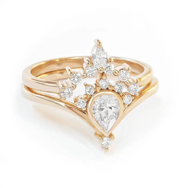 Marquise - Cut Women's Diamond Rings in Palladium for a Unique and Elongated ShapePear Diamond Crown Engagement Ring, Two Ring Set - Valentia Pear + Romi ♥ Marquise - Cut Women's Diamond Rings in Palladium for a Unique and Elongated ShapePear Diamond Crown Engagement Ring, Two Ring Set - Valentia Pear + Romi ♥