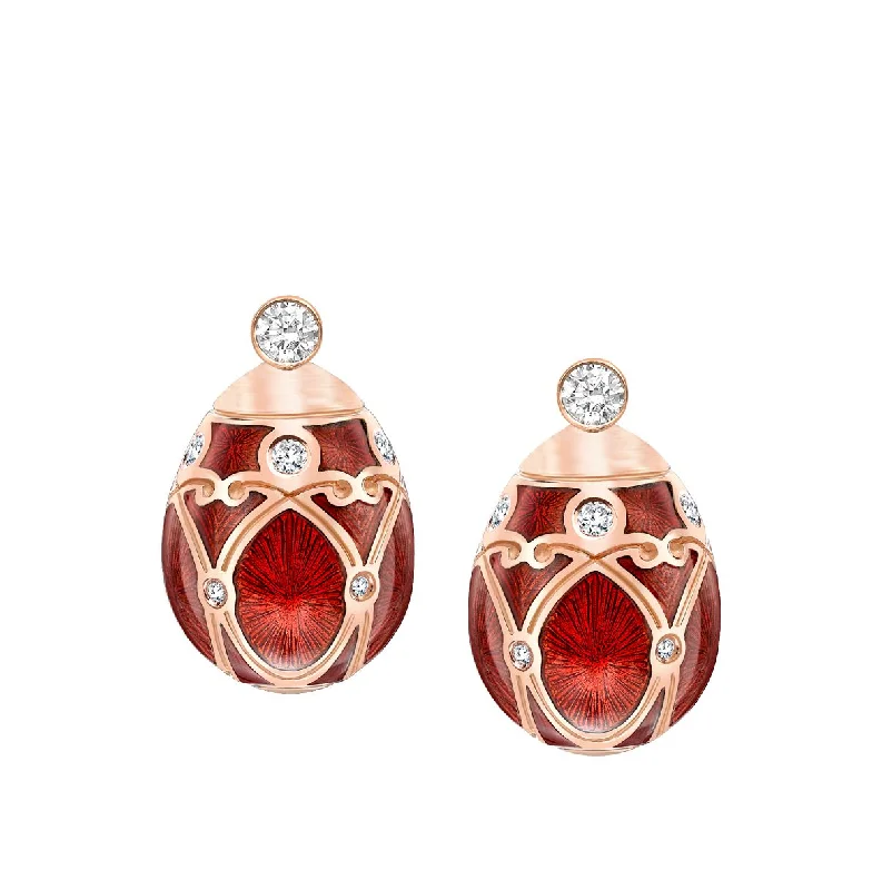Faberge Heritage Rose Gold Diamond Red Guilloche Enamel Stud Earrings