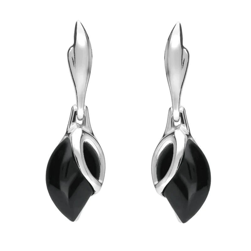 Sterling Silver Whitby Jet Leaf Shaped Open Top Drop Earrings