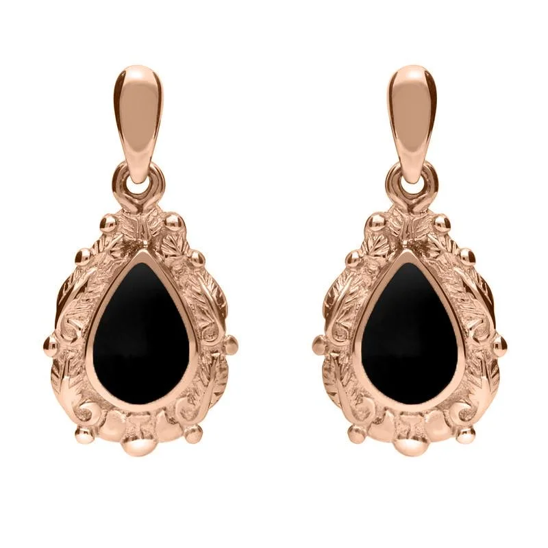 18ct Rose Gold Whitby Jet Pear Shaped Leaf Drop Earrings