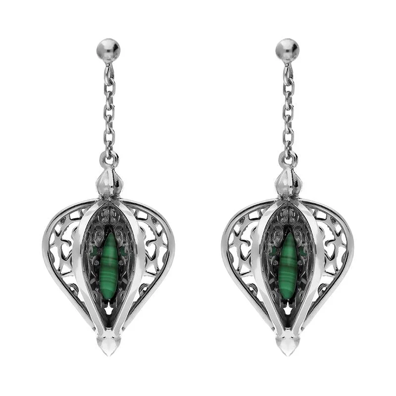 9ct White Gold Malachite Flore Filigree Drop Earrings