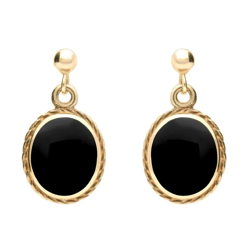 9ct Yellow Gold Whitby Jet Rope Edge Oval Drop Earrings