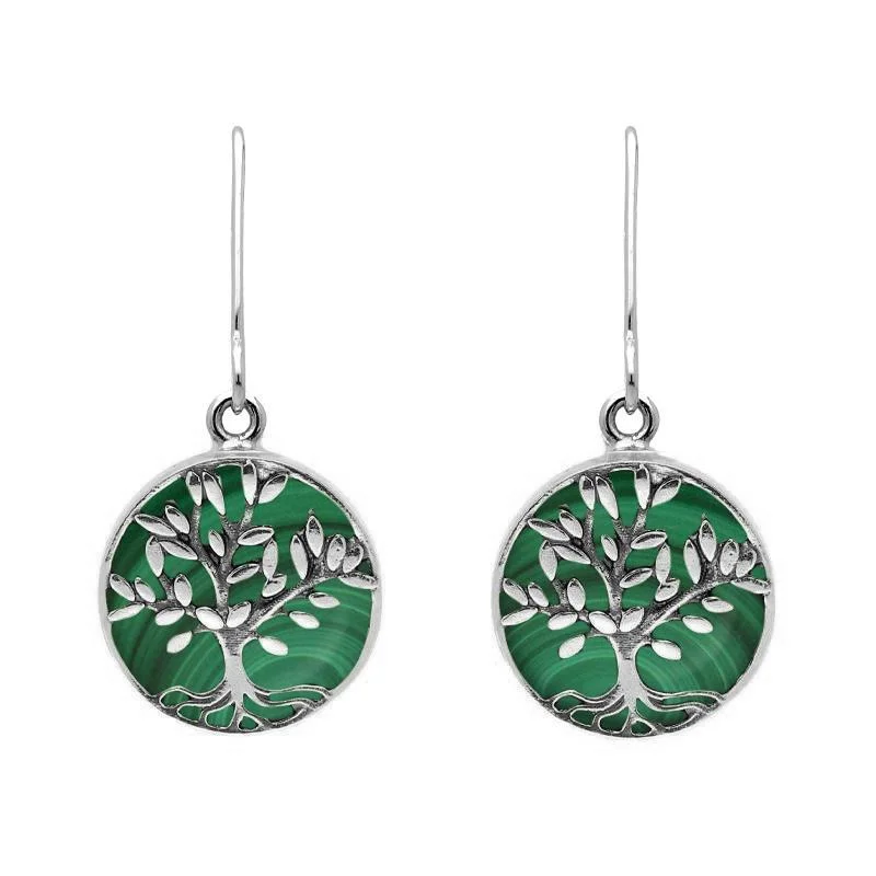 Sterling Silver Malachite Round Large Tree of Life Leaves Drop Earrings