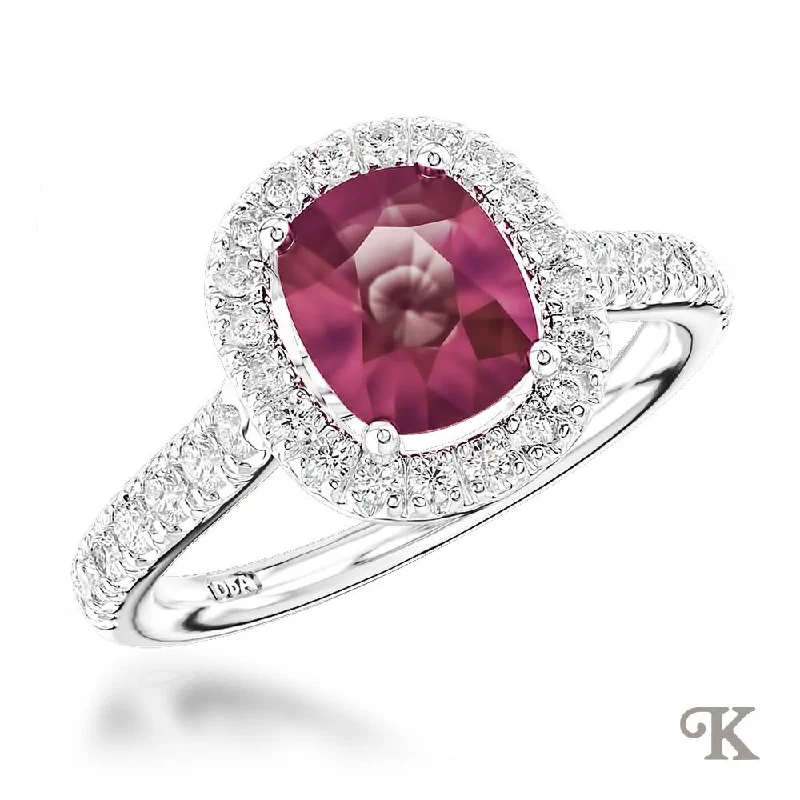 Men's Ruby Engagement Rings in Rose Gold with a Solitaire Design for a Romantic GestureSkye Cushion Halo Men's Ruby Engagement Rings in Rose Gold with a Solitaire Design for a Romantic GestureSkye Cushion Halo