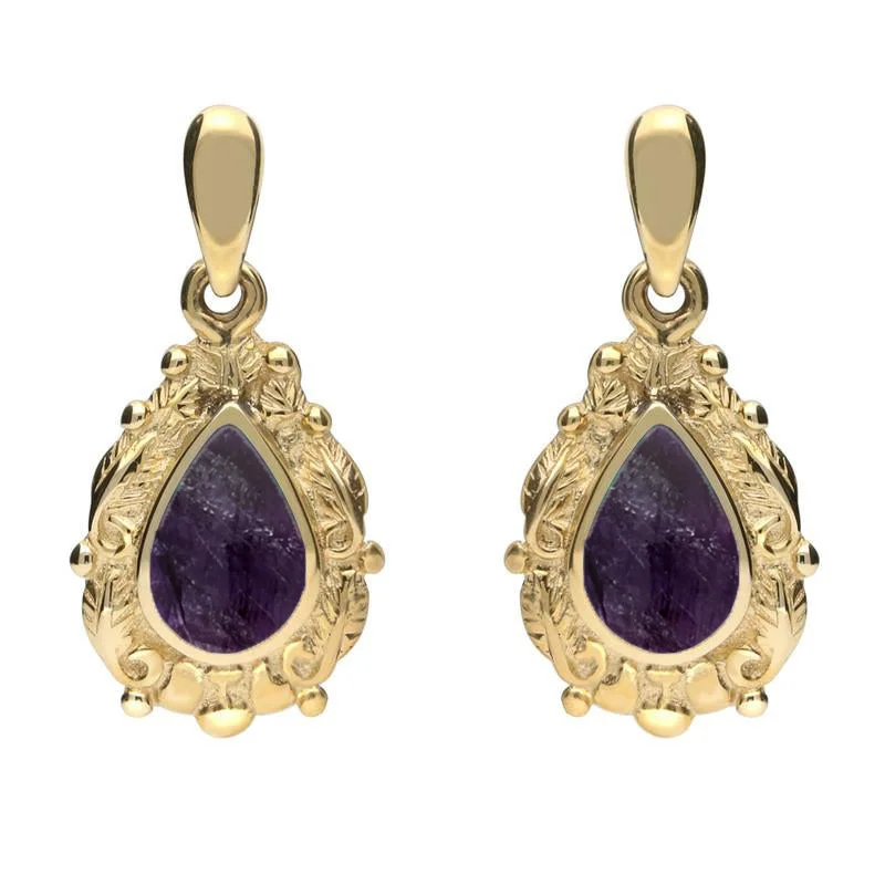 18ct Yellow Gold Blue John Pear Shaped Leaf Drop Earrings
