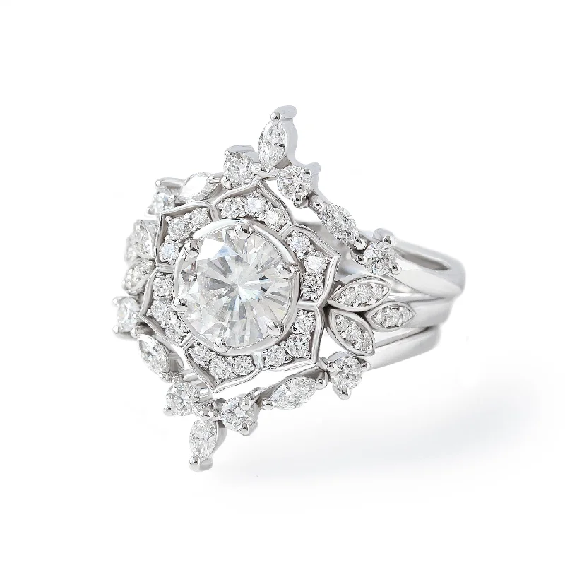 Marquise - Cut Women's Diamond Rings in Palladium for a Unique and Elongated Shape2ct Diamond Flower Engagement Ring, Three Rings Set - "Lily Pond" & "Hermes" ♥ Marquise - Cut Women's Diamond Rings in Palladium for a Unique and Elongated Shape2ct Diamond Flower Engagement Ring, Three Rings Set - "Lily Pond" & "Hermes" ♥