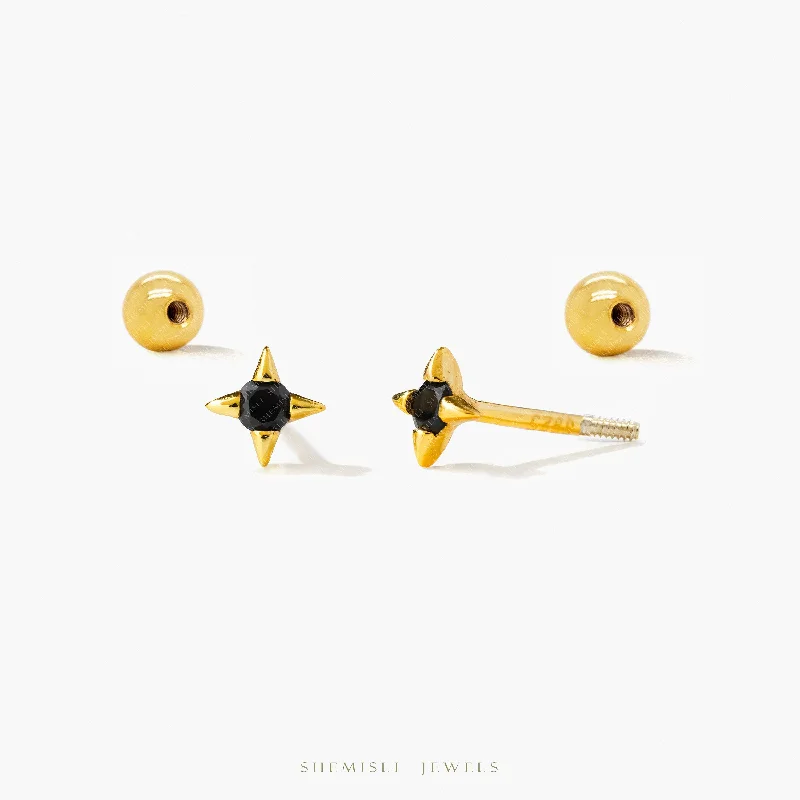 Magnetic - Back Stud Earrings in Black for Easy and Comfortable WearTiny 4 Pointed Star With Black Gem Stud Earrings With Screw Ball End, Unisex, Gold, Silver SHEMISLI SS954 Magnetic - Back Stud Earrings in Black for Easy and Comfortable WearTiny 4 Pointed Star With Black Gem Stud Earrings With Screw Ball End, Unisex, Gold, Silver SHEMISLI SS954