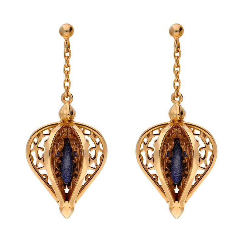 Rose Gold Plated Sterling Silver Blue Goldstone Flore Filigree Drop Earrings