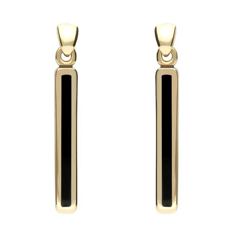 9ct Yellow Gold Whitby Jet Short Slim Drop Earrings