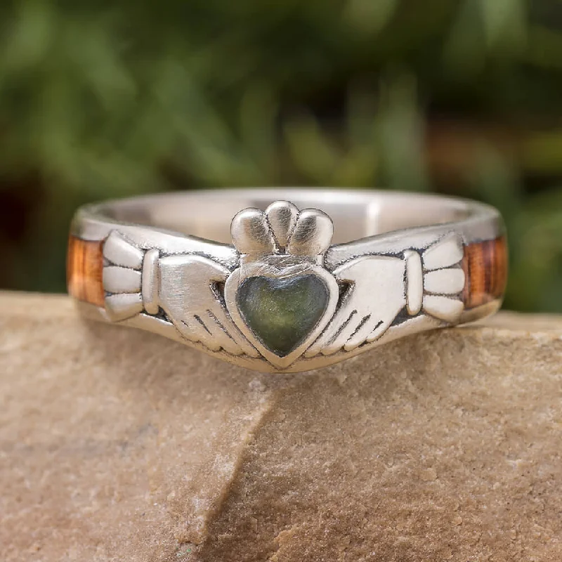 Men's Emerald Engagement Rings with 14K Yellow Gold and Vintage - Style FiligreeCladdagh Engagement Ring with Jade Heart, Honduran Rosewood Band Men's Emerald Engagement Rings with 14K Yellow Gold and Vintage - Style FiligreeCladdagh Engagement Ring with Jade Heart, Honduran Rosewood Band