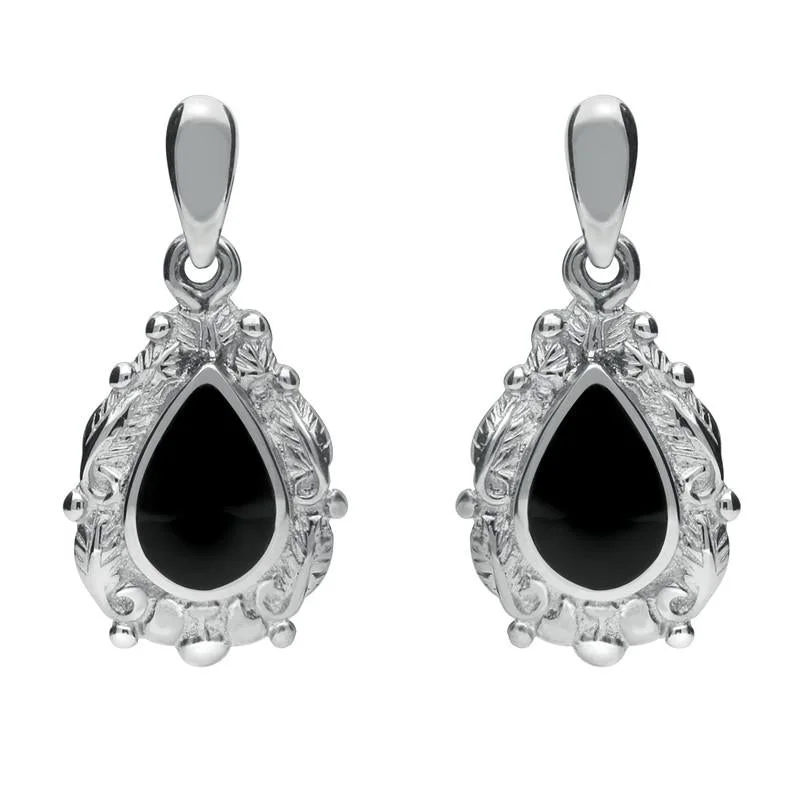 18ct White Gold Whitby Jet Pear Shaped Leaf Drop Earrings