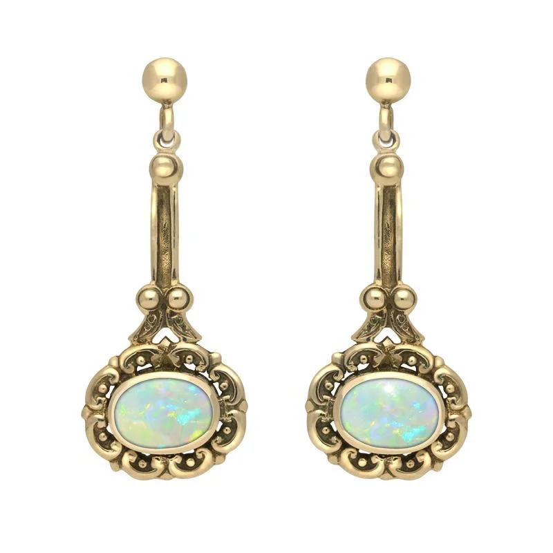 9ct Yellow Gold Opal Ornate Antique Oval Drop Earrings