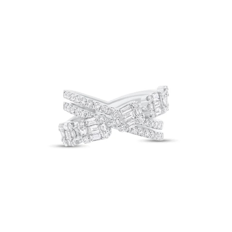 Minimalist Fashion Rings in Stainless Steel with a Single Solitaire CrystalBaguette & Round Diamond Double Crossover Ring Minimalist Fashion Rings in Stainless Steel with a Single Solitaire CrystalBaguette & Round Diamond Double Crossover Ring