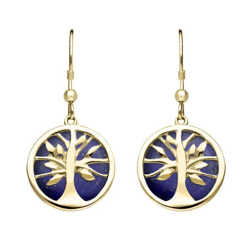 9ct Yellow Gold Lapis Lazuli Round Tree of Life Drop Earrings
