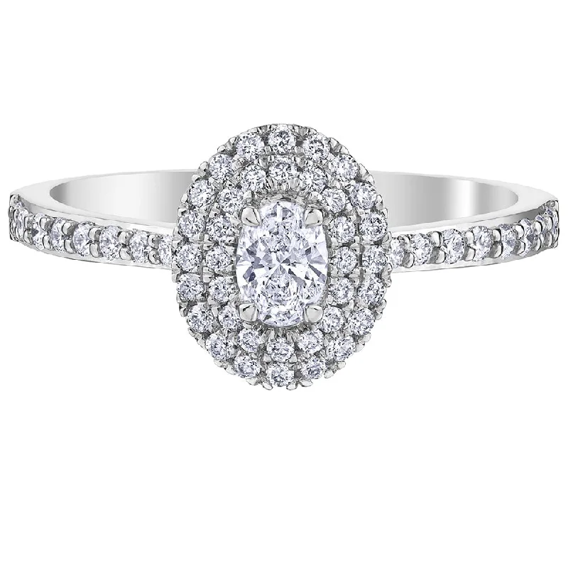 Channel - Set Women's Diamond Rings with Diamonds Securely Held in a Metal Groove for DurabilityCanadian Oval Diamond Ring with Double Halo Channel - Set Women's Diamond Rings with Diamonds Securely Held in a Metal Groove for DurabilityCanadian Oval Diamond Ring with Double Halo