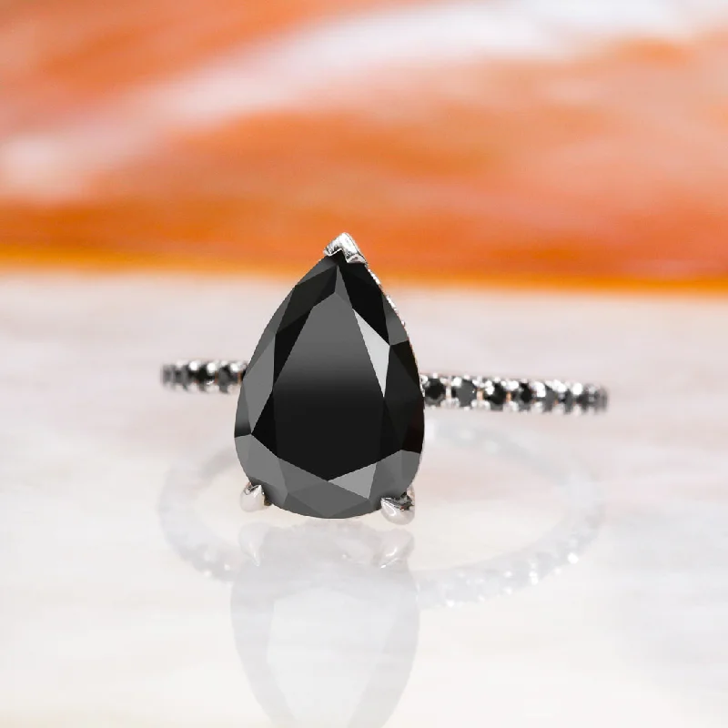 Cathedral - Style Women's Diamond Rings with a Raised Center Setting and Elaborate MetalworkDark Forest Alternative Natural Black Diamond Pear Cut Engagement Ring Cathedral - Style Women's Diamond Rings with a Raised Center Setting and Elaborate MetalworkDark Forest Alternative Natural Black Diamond Pear Cut Engagement Ring