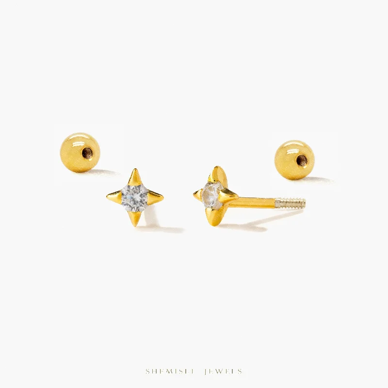 Rose Gold - Tone Geometric - Patterned Stud Earrings for a Modern and Trendy LookTiny 4 Pointed Star With White Gem Stud Earrings With Screw Ball End, Unisex, Gold, Silver SHEMISLI SS955 Rose Gold - Tone Geometric - Patterned Stud Earrings for a Modern and Trendy LookTiny 4 Pointed Star With White Gem Stud Earrings With Screw Ball End, Unisex, Gold, Silver SHEMISLI SS955
