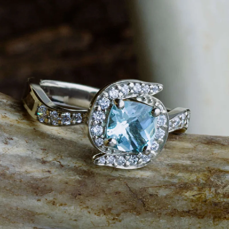 Men's Opal Engagement Rings in 10K Gold with a Milgrain - Trimmed BandAquamarine Halo Engagement Ring with Antler Inlay Men's Opal Engagement Rings in 10K Gold with a Milgrain - Trimmed BandAquamarine Halo Engagement Ring with Antler Inlay