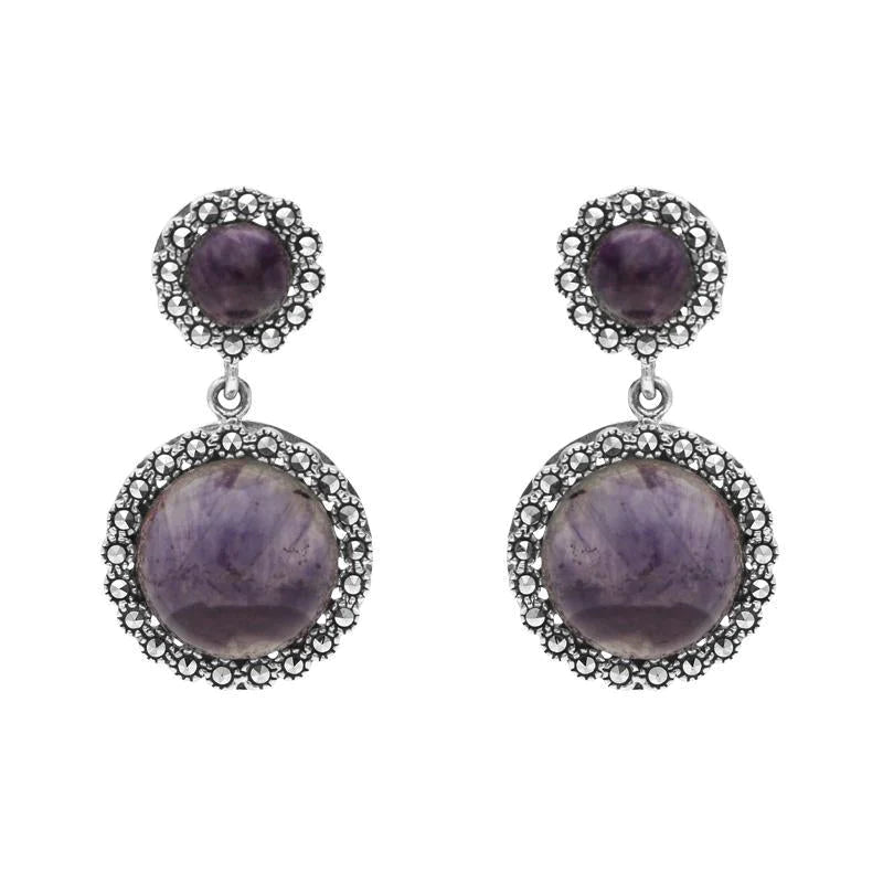 Sterling Silver Blue John Marcasite Round Double Drop Earrings