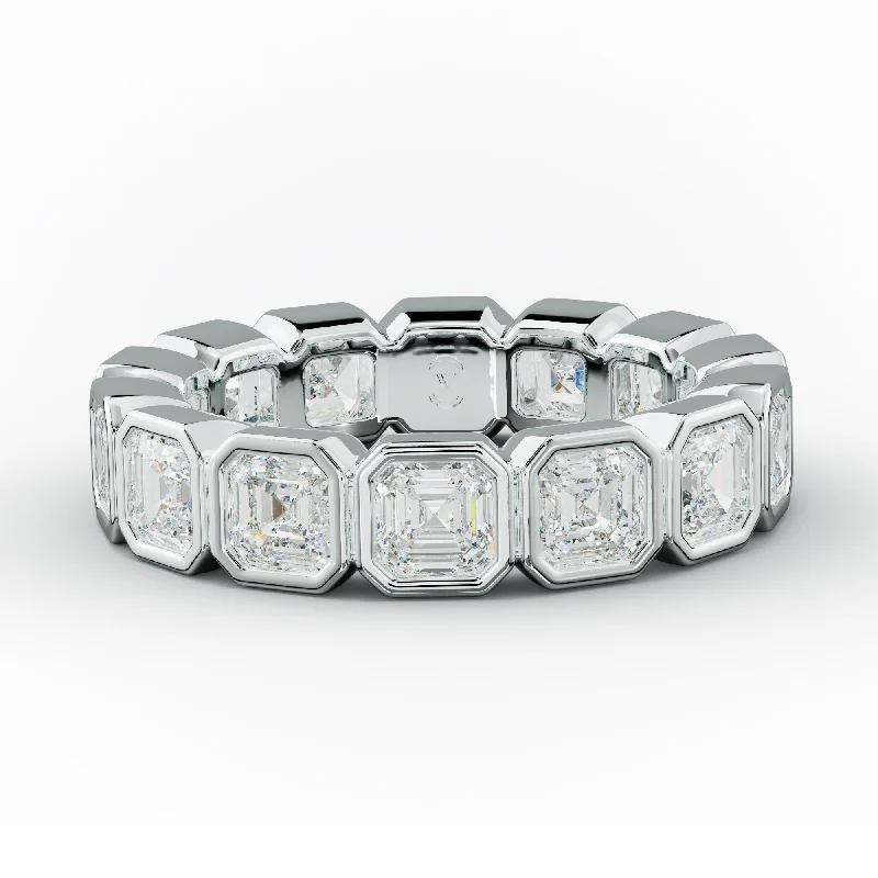 Marquise - Cut Women's Diamond Rings in Palladium for a Unique and Elongated Shape4.0 Carat Bezel Set Asscher Cut Diamond Eternity Band Marquise - Cut Women's Diamond Rings in Palladium for a Unique and Elongated Shape4.0 Carat Bezel Set Asscher Cut Diamond Eternity Band