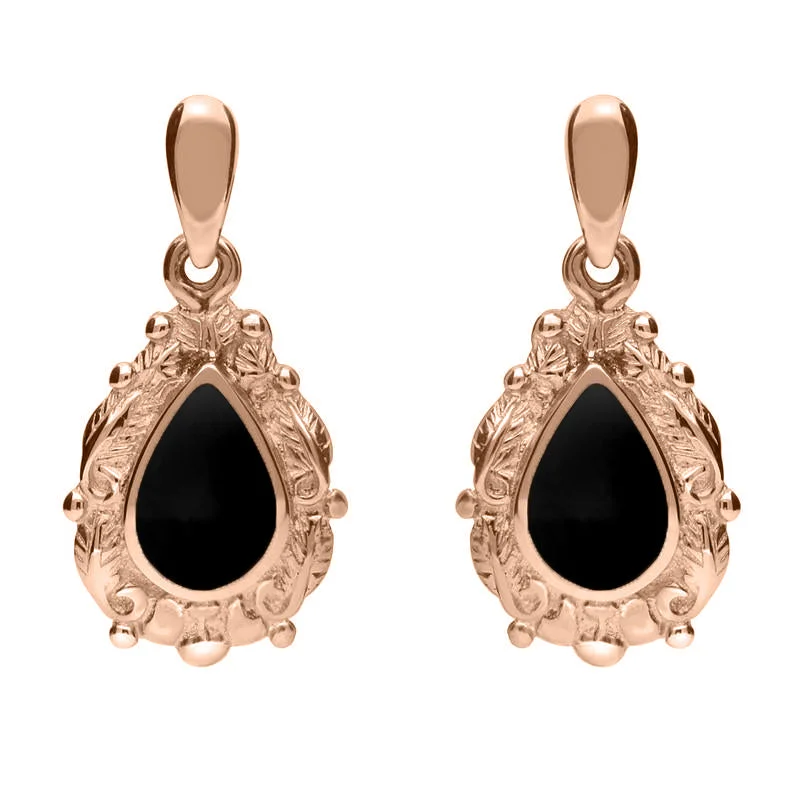 9ct Rose Gold Whitby Jet Pear Shaped Leaf Drop Earrings