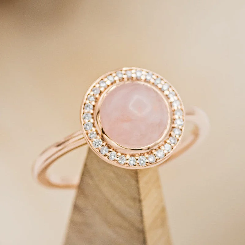 Men's Peridot Engagement Rings in 14K Gold - Filled Metal with a Micro - Pave Setting"TERRA" - ROUND CABOCHON CUT ROSE QUARTZ ENGAGEMENT RING WITH DIAMOND HALO Men's Peridot Engagement Rings in 14K Gold - Filled Metal with a Micro - Pave Setting"TERRA" - ROUND CABOCHON CUT ROSE QUARTZ ENGAGEMENT RING WITH DIAMOND HALO