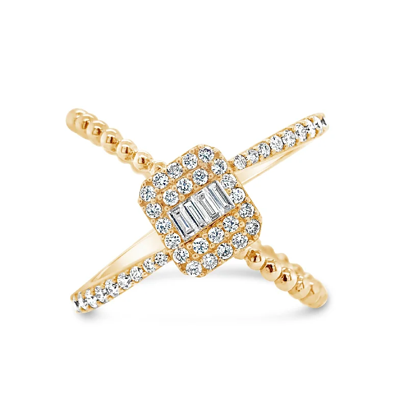 Magnetic Fashion Rings in Stainless Steel with a Modern, Interlocking DesignDiamond Criss-cross with Baguette Center Fashion Ring Magnetic Fashion Rings in Stainless Steel with a Modern, Interlocking DesignDiamond Criss-cross with Baguette Center Fashion Ring