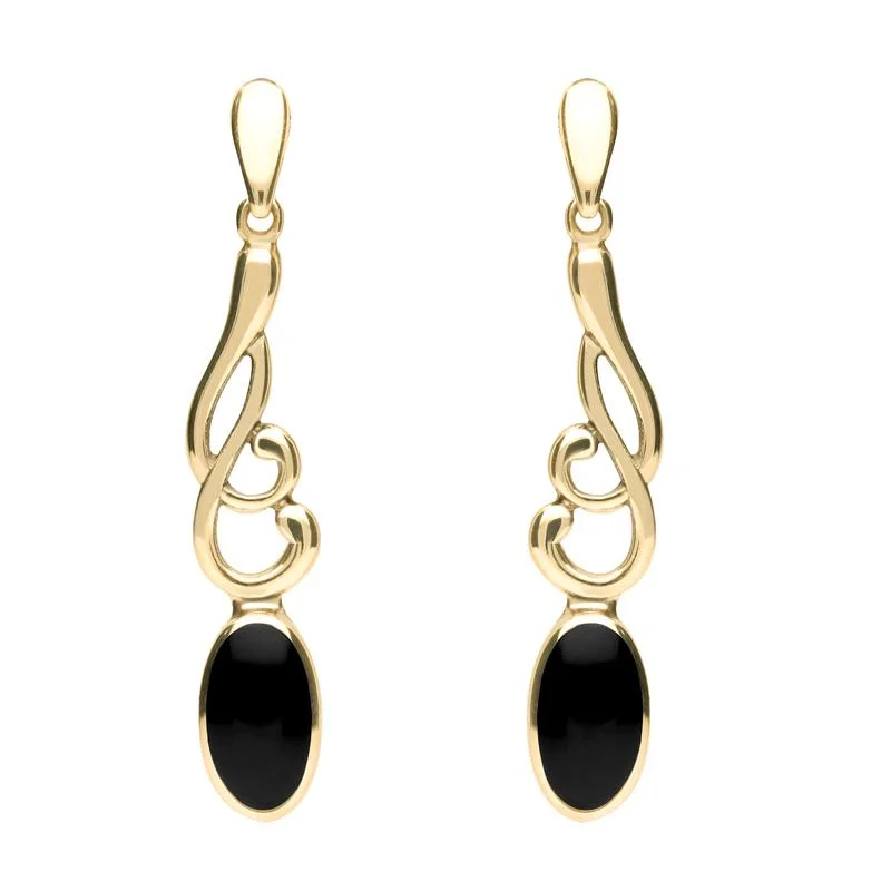 9ct Yellow Gold Whitby Jet Scroll Drop Earrings