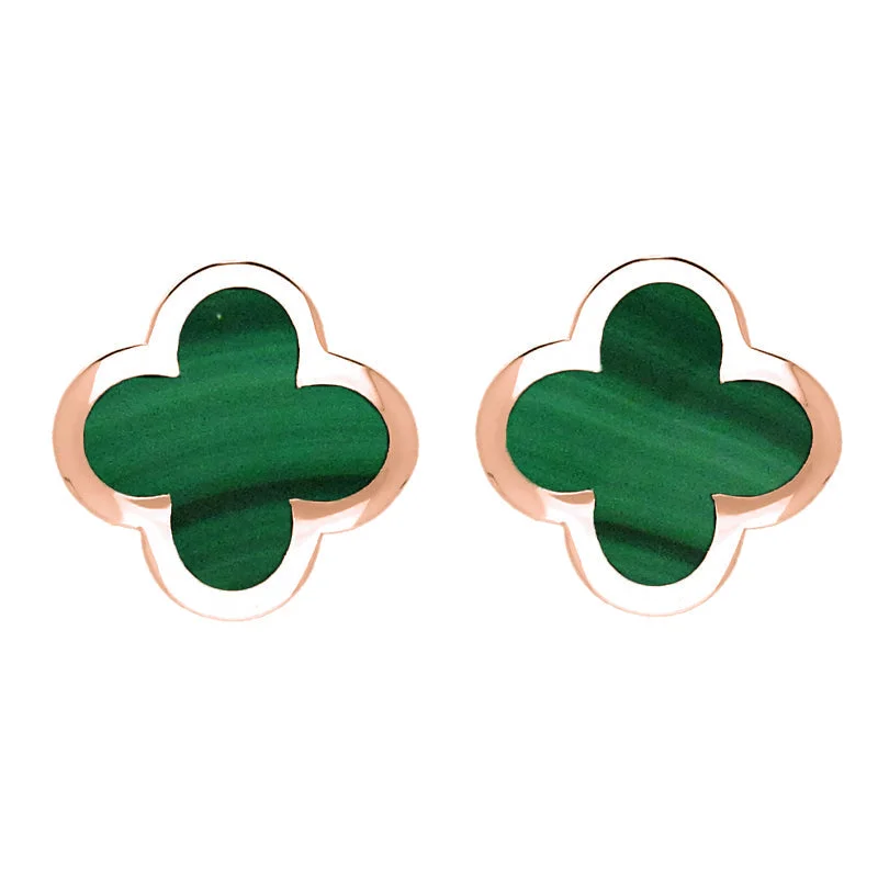 18ct Rose Gold Malachite Bloom Four Leaf Clover Stud Earrings