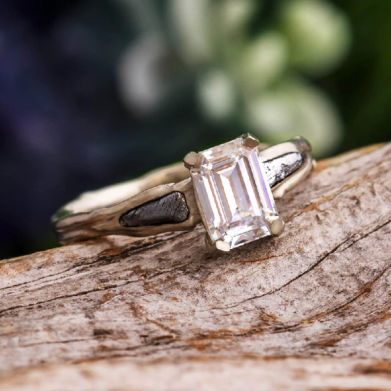 Men's Aquamarine Engagement Rings in 9K Gold with a Bezel - Set StoneMeteorite Engagement Ring with Emerald Cut Moissanite Men's Aquamarine Engagement Rings in 9K Gold with a Bezel - Set StoneMeteorite Engagement Ring with Emerald Cut Moissanite