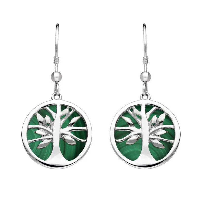 Sterling Silver Malachite Round Tree of Life Drop Earrings