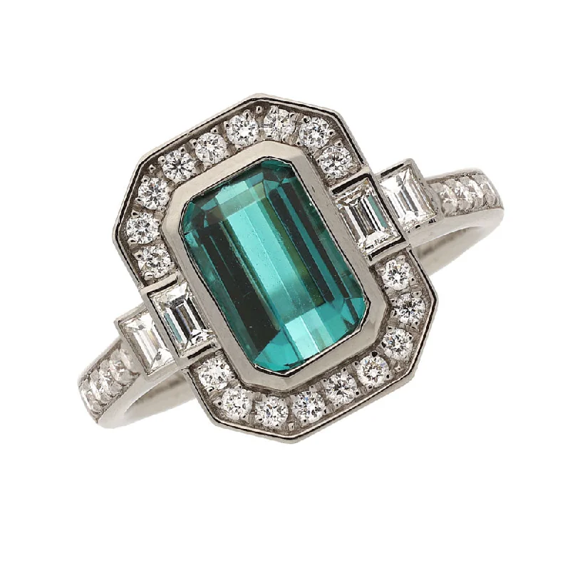 Men's Diamond Engagement Rings with Platinum Band and Halo Setting for a Luxury ProposalPlatinum Teal Tourmaline and Diamond Engagement Ring