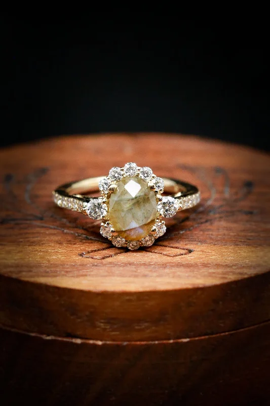 Men's Garnet Engagement Rings in 18K Gold Vermeil with Intricate Engraved Details"OPHELIA" - OVAL LABRADORITE ENGAGEMENT RING WITH DIAMOND HALO & ACCENTS Men's Garnet Engagement Rings in 18K Gold Vermeil with Intricate Engraved Details"OPHELIA" - OVAL LABRADORITE ENGAGEMENT RING WITH DIAMOND HALO & ACCENTS
