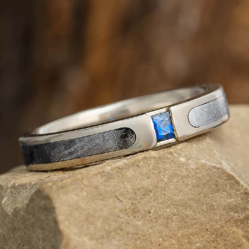 Men's Opal Engagement Rings in 10K Gold with a Milgrain - Trimmed BandAuthentic Meteorite Ring with Blue Sapphire Men's Opal Engagement Rings in 10K Gold with a Milgrain - Trimmed BandAuthentic Meteorite Ring with Blue Sapphire