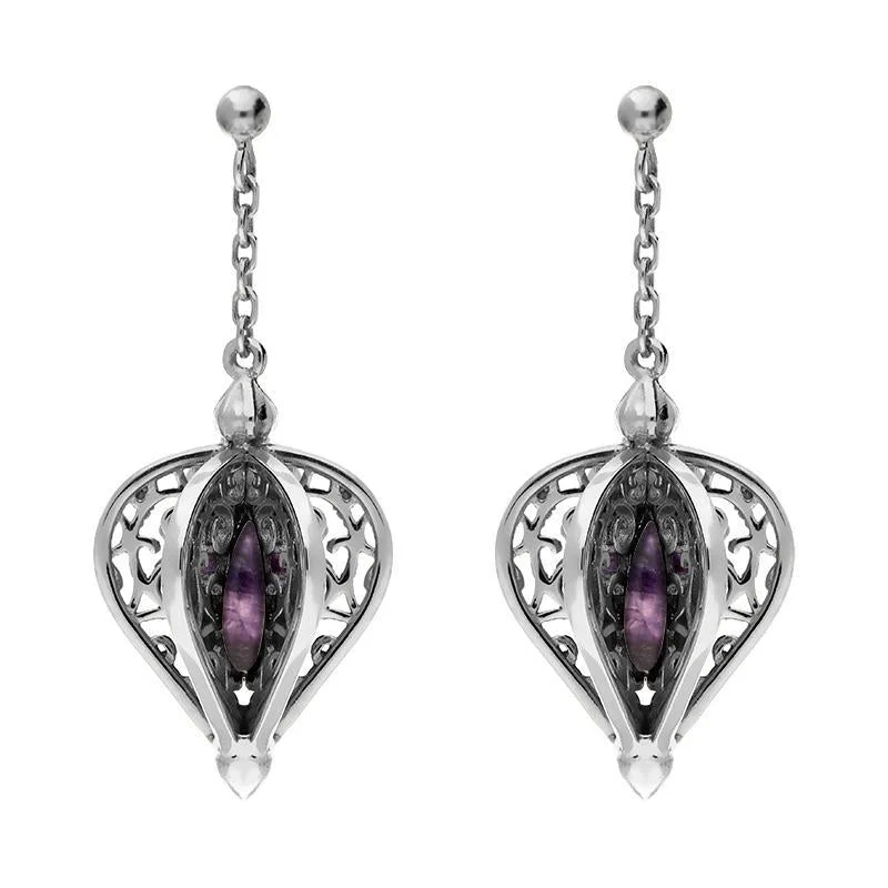 9ct White Gold Blue John Flore Filigree Drop Earrings