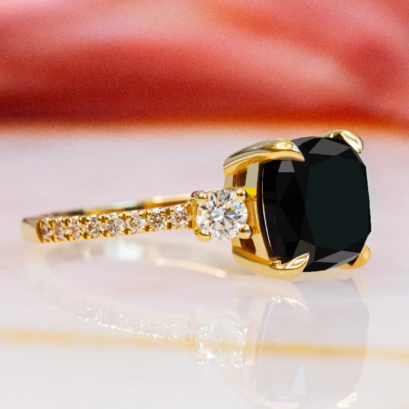 Cushion - Cut Women's Diamond Rings in Platinum with a Soft and Romantic AppearanceArkana- Three Stone Natural Black Diamond Cushion Engagement Ring Cushion - Cut Women's Diamond Rings in Platinum with a Soft and Romantic AppearanceArkana- Three Stone Natural Black Diamond Cushion Engagement Ring