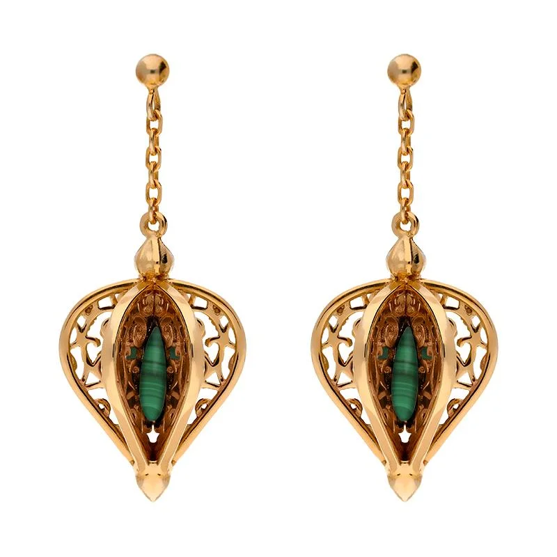 9ct Rose Gold Malachite Flore Filigree Drop Earrings