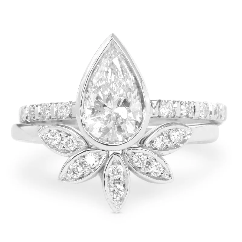 Cathedral - Style Women's Diamond Rings with a Raised Center Setting and Elaborate MetalworkPear Diamond Delicate Engagement Ring & 5 Leaves Wedding band, two ring set ♥ Cathedral - Style Women's Diamond Rings with a Raised Center Setting and Elaborate MetalworkPear Diamond Delicate Engagement Ring & 5 Leaves Wedding band, two ring set ♥