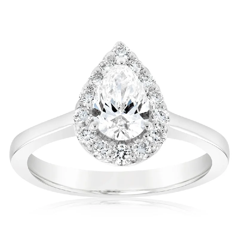 Pear - Shaped Women's Diamond Rings in Yellow Gold with a Single - Diamond Pendant LookLuminesce Lab Grown 18ct White Gold 1 Carat Diamond Pear Halo Ring Pear - Shaped Women's Diamond Rings in Yellow Gold with a Single - Diamond Pendant LookLuminesce Lab Grown 18ct White Gold 1 Carat Diamond Pear Halo Ring