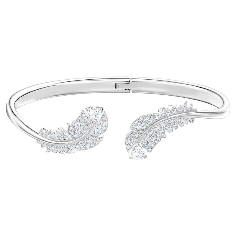 Bohemian - Inspired Bangles with Feather and Bead Accents Swarovski Nice Crystal White Rhodium Plated Bangle Bohemian - Inspired Bangles with Feather and Bead Accents Swarovski Nice Crystal White Rhodium Plated Bangle