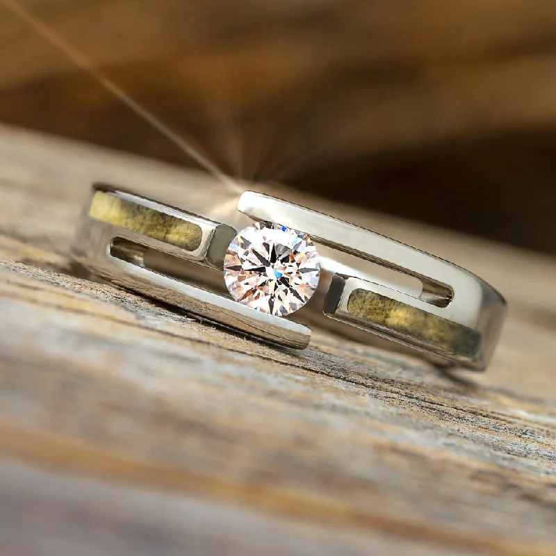 Men's Emerald Engagement Rings with 14K Yellow Gold and Vintage - Style FiligreeDiamond Tension Engagement Ring with Buckeye Burl Inlays Men's Emerald Engagement Rings with 14K Yellow Gold and Vintage - Style FiligreeDiamond Tension Engagement Ring with Buckeye Burl Inlays