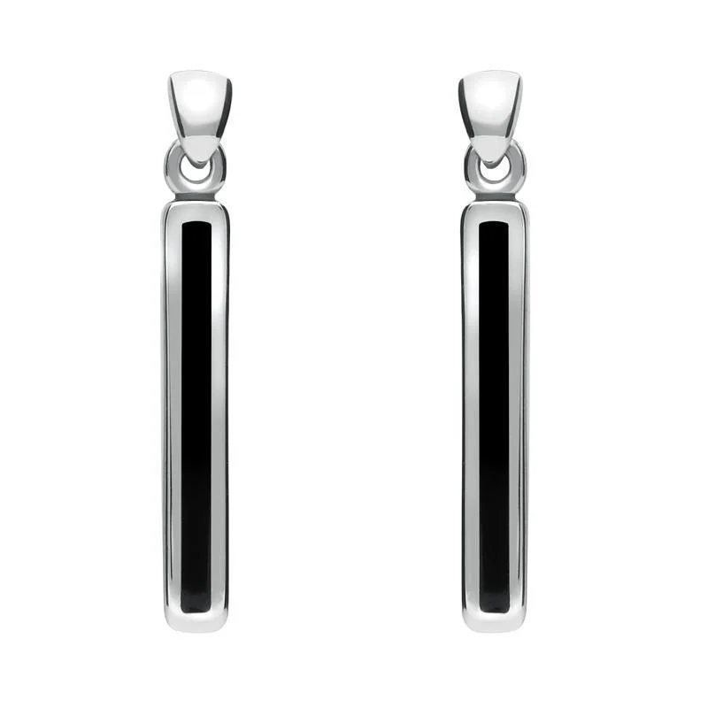 Sterling Silver Whitby Jet Short Slim Drop Earrings