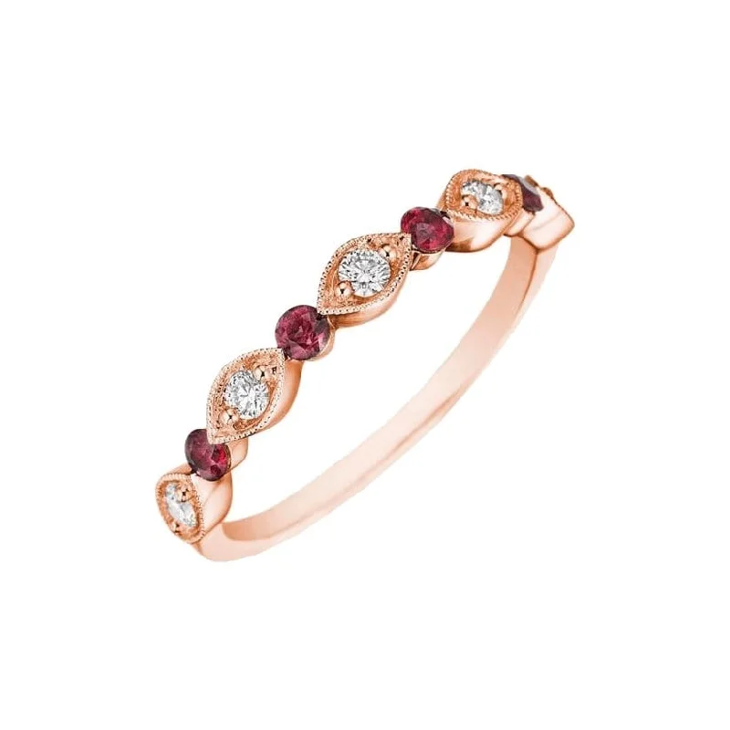 Stackable Fashion Rings in Rose - Gold Tone with Delicate Floral EngravingsRuby and Diamond Band Stackable Fashion Rings in Rose - Gold Tone with Delicate Floral EngravingsRuby and Diamond Band