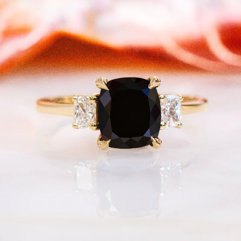 Art Deco - Inspired Women's Diamond Rings with Geometric Designs and Baguette - Cut DiamondsShadowscape - Three Stone Natural Black Diamond Cushion Engagement Ring in Yellow Gold Art Deco - Inspired Women's Diamond Rings with Geometric Designs and Baguette - Cut DiamondsShadowscape - Three Stone Natural Black Diamond Cushion Engagement Ring in Yellow Gold