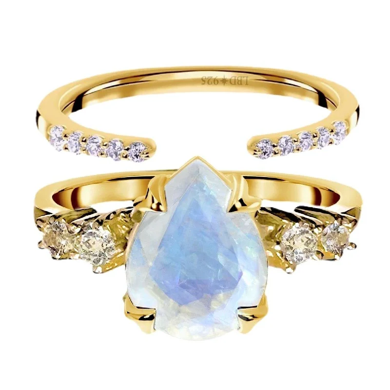 Gold Moonstone Ring Set- Gold Mystical Moonstone and Topaz Ring Set