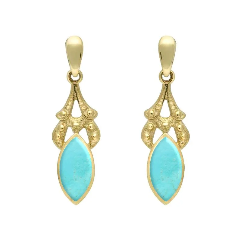 9ct Yellow Gold Turquoise Marquise Drop Earrings