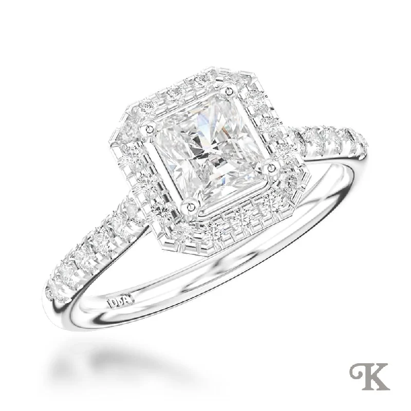Men's Tanzanite Engagement Rings in Palladium with a Three - Stone ArrangementSkye Radiant Halo Men's Tanzanite Engagement Rings in Palladium with a Three - Stone ArrangementSkye Radiant Halo